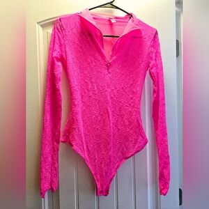 SKIMS Neon Pink Lace Long Sleeve Bodysuit